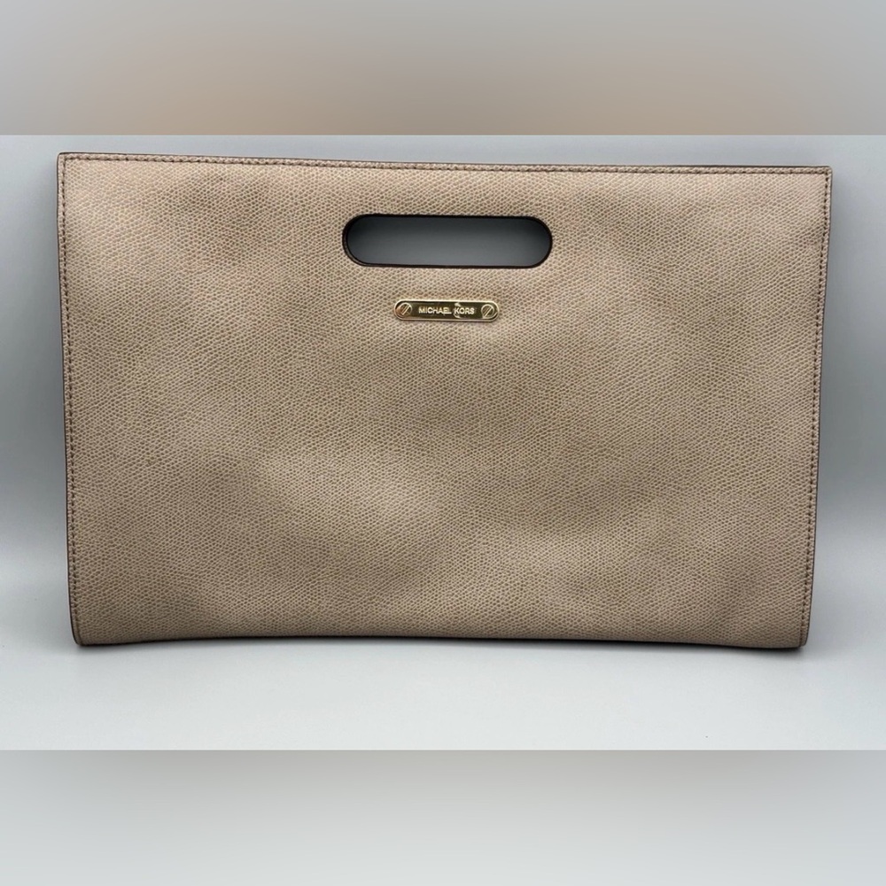 Michael Kors Taupe Saffiano Leather Cutout Handle Clutch